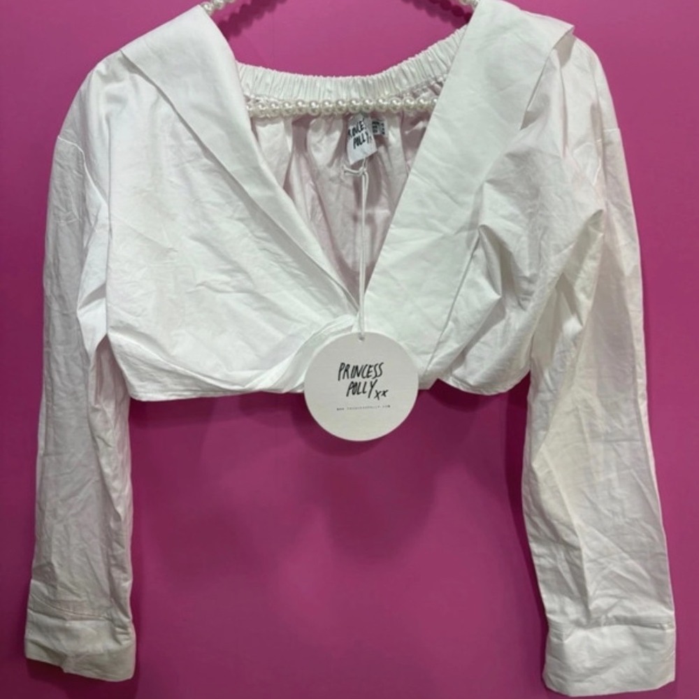 Princess Polly Botany Long Sleeve Top White Cropped V-Neck Size 6 NWT